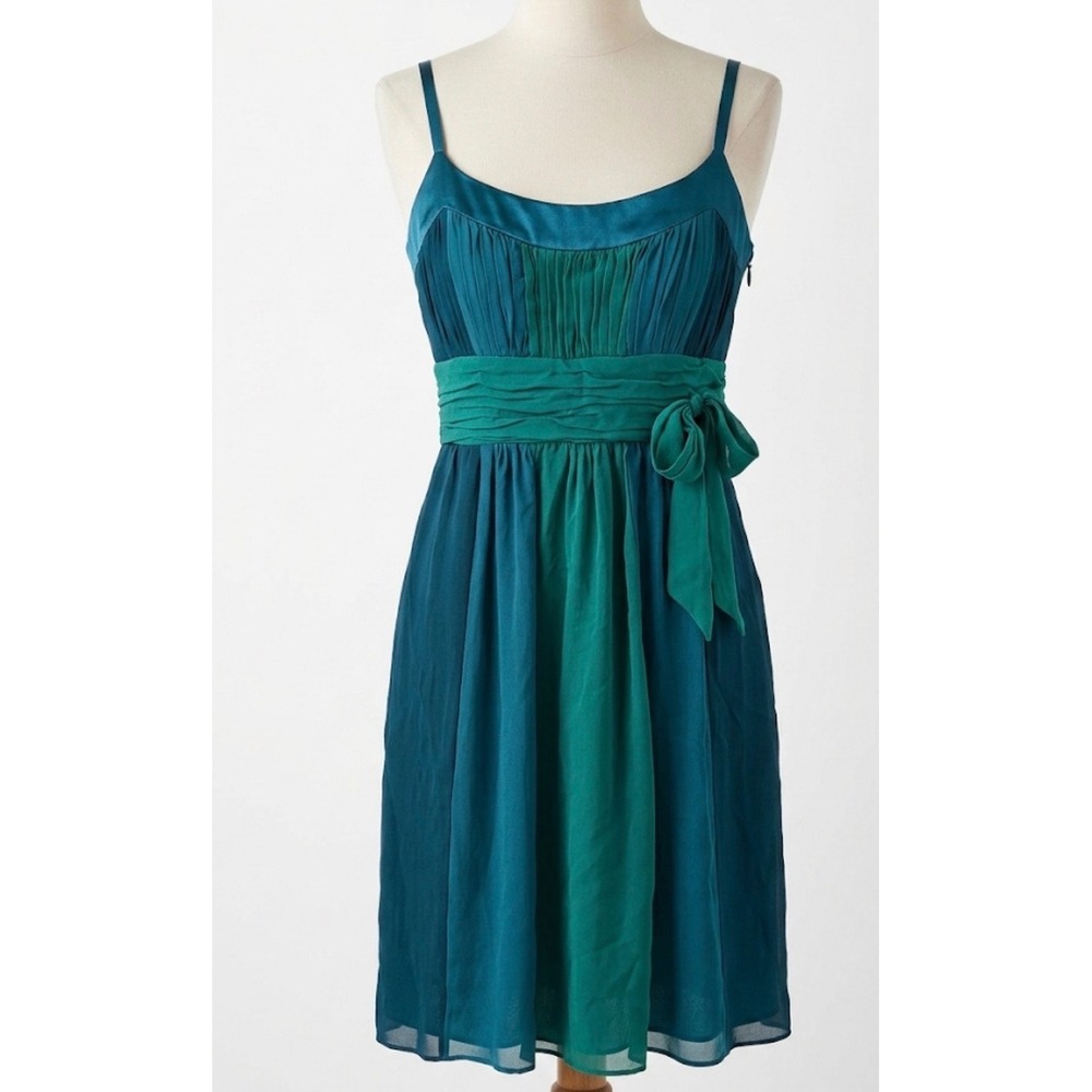 Sangria Silk Dress Sz 4 Y2K Mermaidcore Fairycore Pleated Tiered Teal Romantic